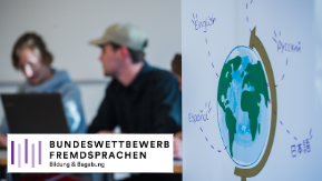 Fotocollage: links sind zwei Auszubildende am Schreibtisch zu sehen. Im Vordergrund das Logo des Bundeswettbewerb Fremdsprachen. Rechts ist ein Flipchart mit einer Weltkugel zu sehen.